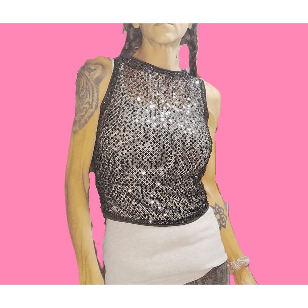 Black Sequin Mesh See-Through Sparkly Layer Top ~ Size Small